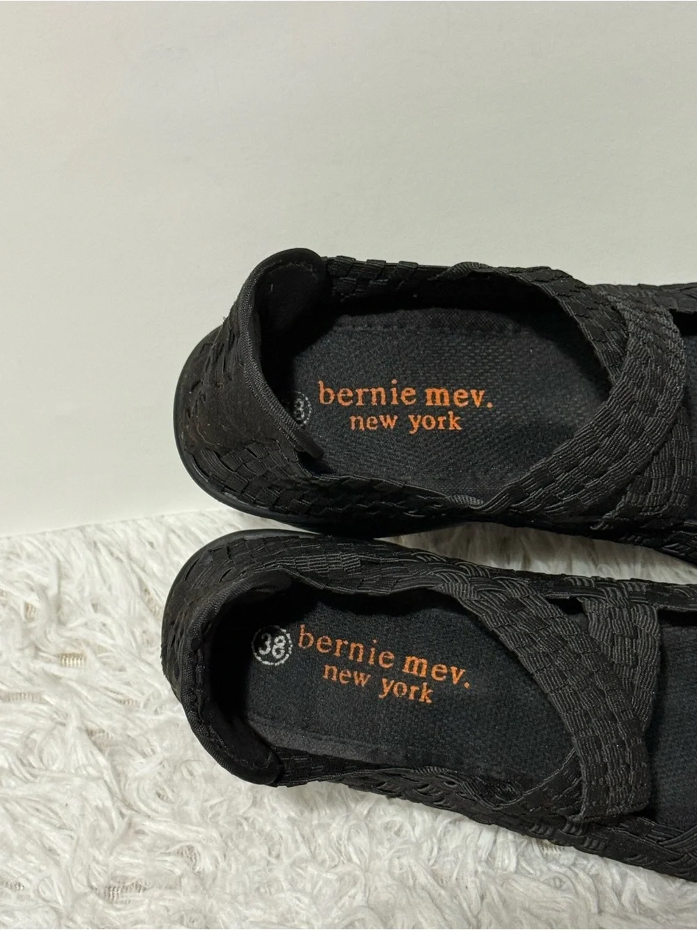 bernie mev. Black Woven Elastic Wedge Sandals Size 38 US7.5